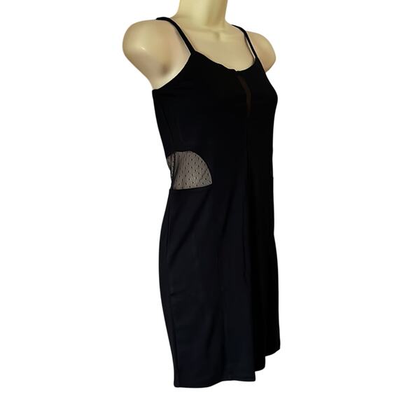 Basic House Black Knit Dress Juniors Size Small Sheer Dot Insets Cutouts Mini - Picture 2 of 11